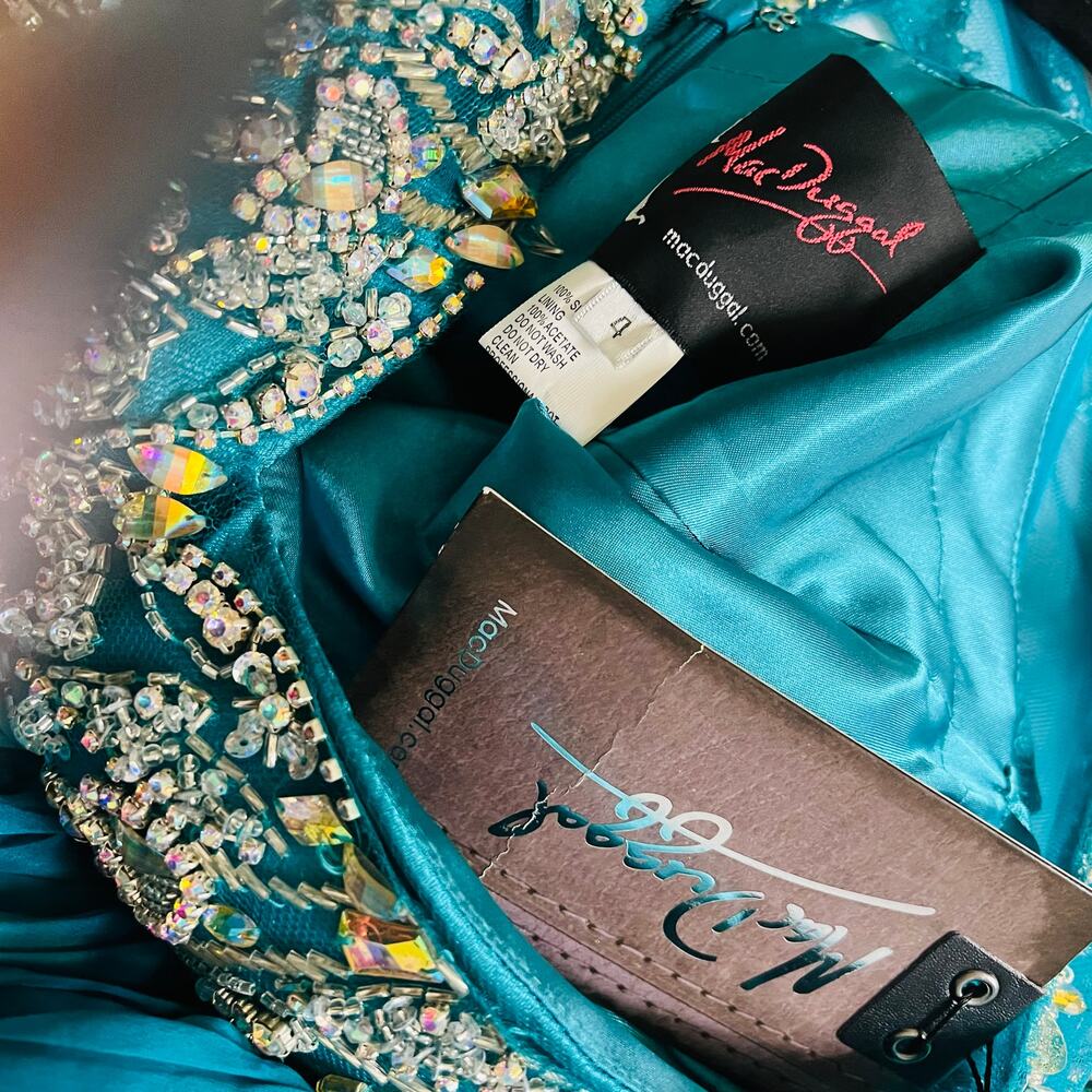 Mac Duggal Silk Teal Beaded Embellished Tulle Gown 64726 Size 4 NEW - Picture 8 of 13